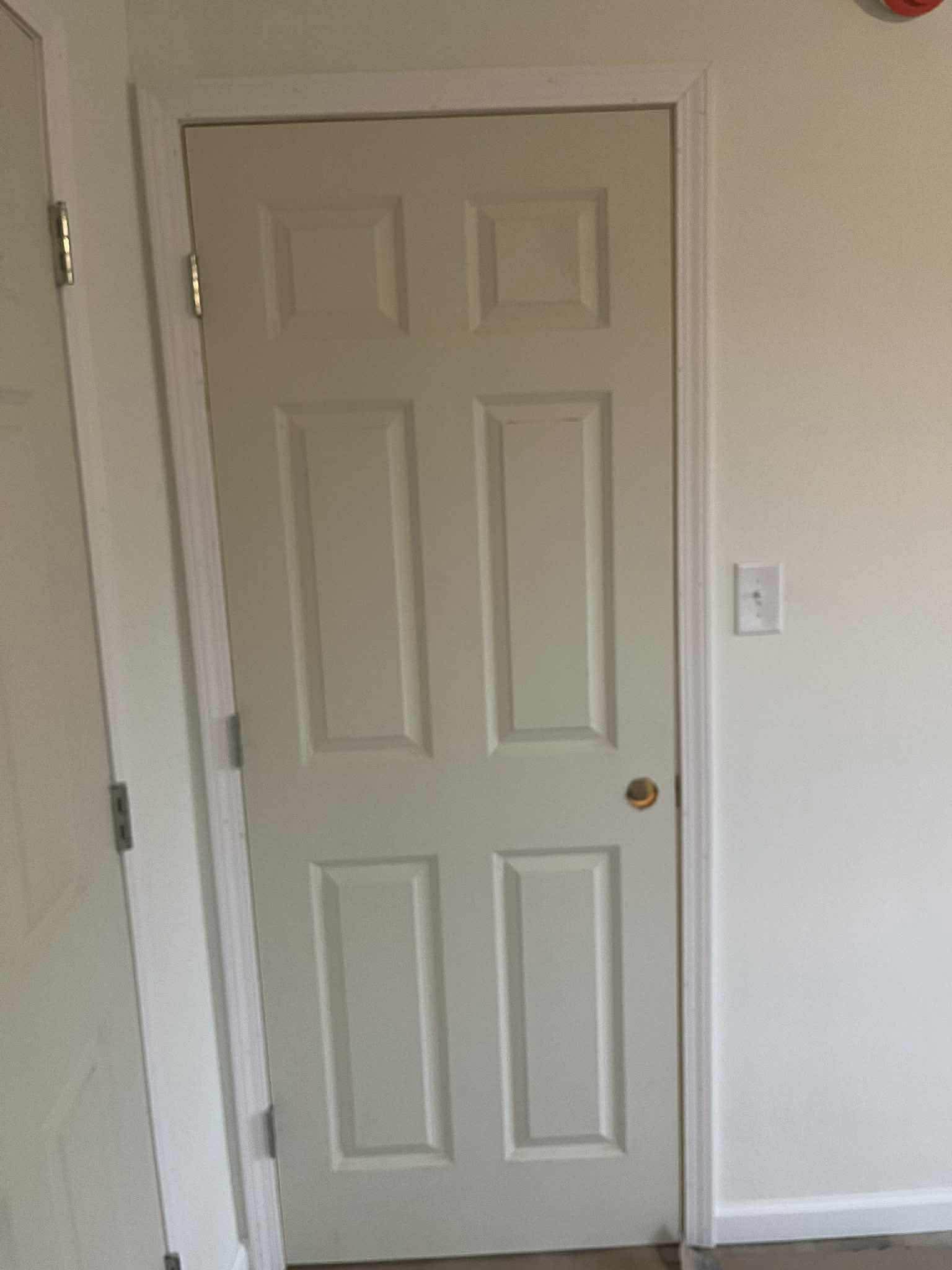 Interior six-panel door with white painted trim and casing