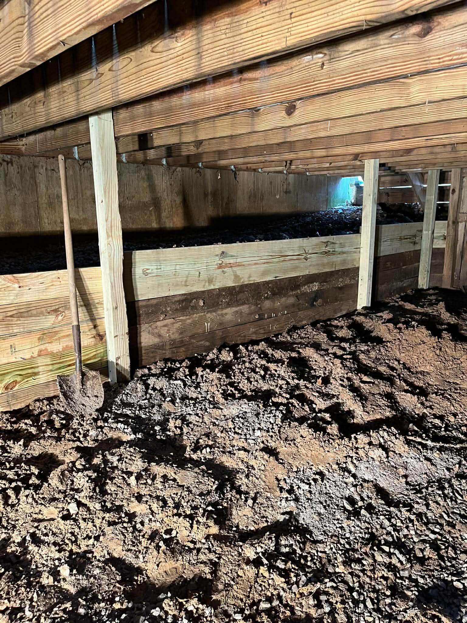 Deck substructure showing properly installed foundation posts and support beams